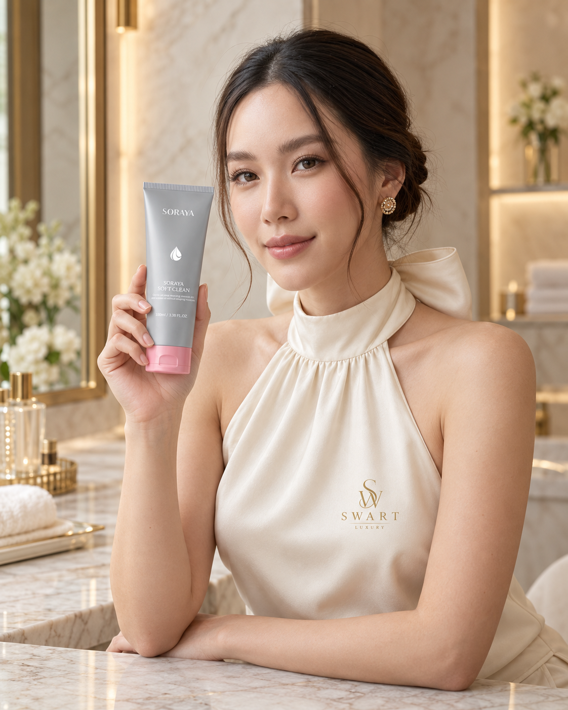 นางแบบของสวาร์ท ลักชัวรี ถือโฟมล้างหน้าโสรญา ซอฟท์ คลีน หลอดสีเงินฝาสีชมพู ในห้องตกแต่งหรูหรา